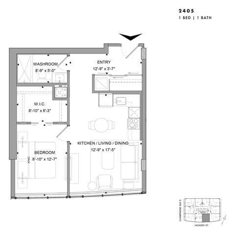 Floor plan for 1 bed, 1 bath, 604 sqft