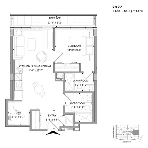 Floor plan for 1 bed, 2 baths, 673 sqft