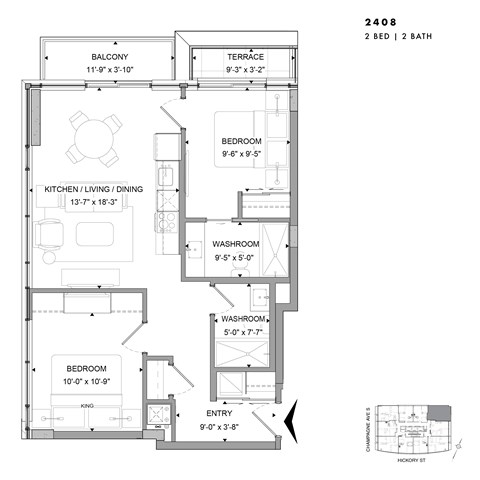 Floor plan for 2 beds, 2 baths, 775 sqft