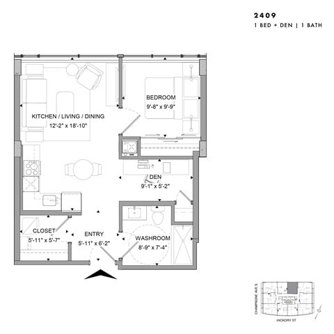 Floor plan for 1 bed, 1 bath
