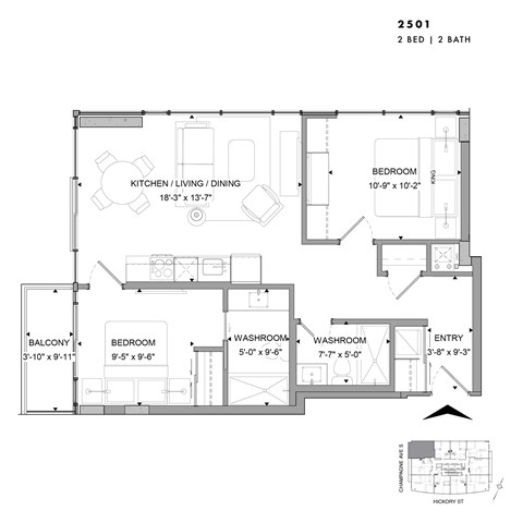 Floor plan for 2 beds, 2 baths, 773 sqft