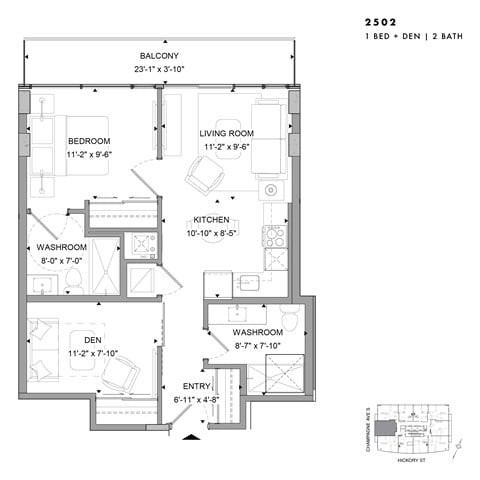Floor plan for 1 bed, 2 baths