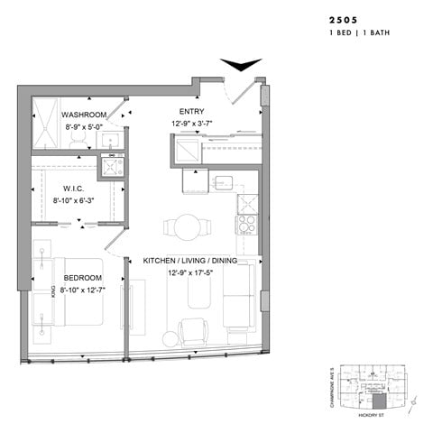 Floor plan for 1 bed, 1 bath