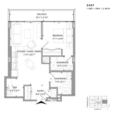 Floor plan for 1 bed, 2 baths