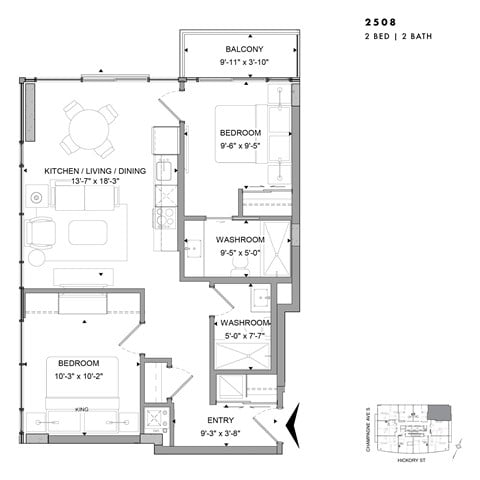 Floor plan for 2 beds, 2 baths, 775 sqft