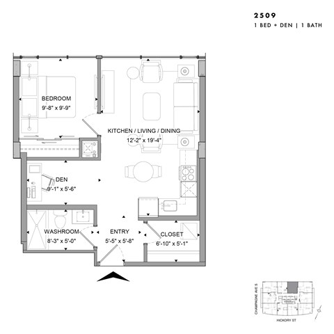 Floor plan for 1 bed, 1 bath, 589 sqft