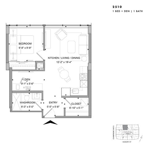 Floor plan for 1 bed, 1 bath