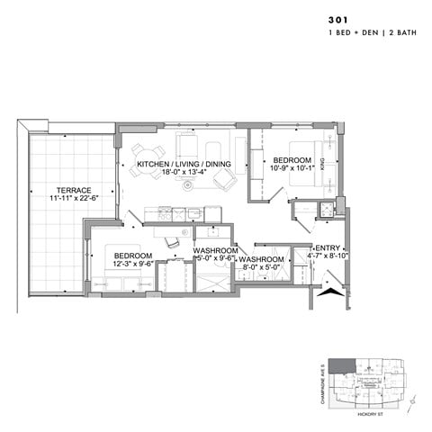 Floor plan for 1 bed, 2 baths