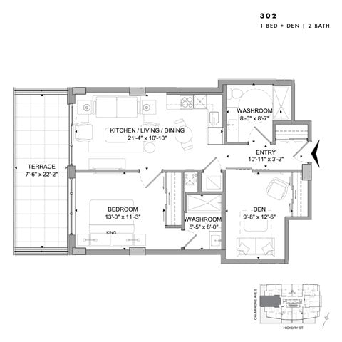 Floor plan for 1 bed, 2 baths, 823 sqft