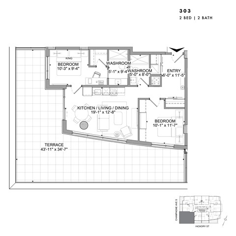 Floor plan for 2 beds, 2 baths, 822 sqft