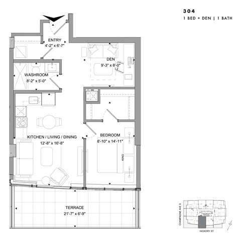Floor plan for 1 bed, 1 bath
