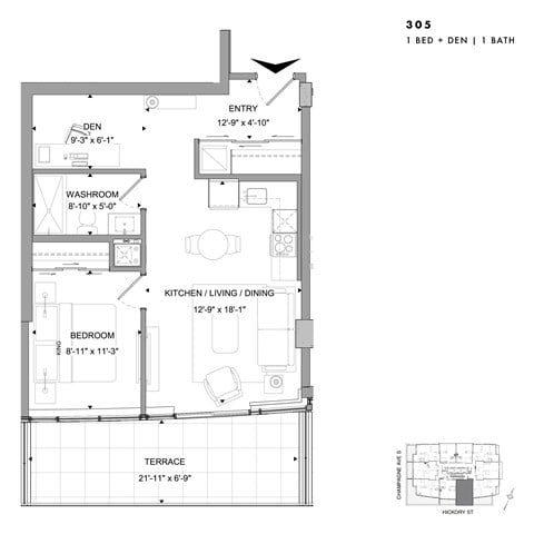 Floor plan for 1 bed, 1 bath