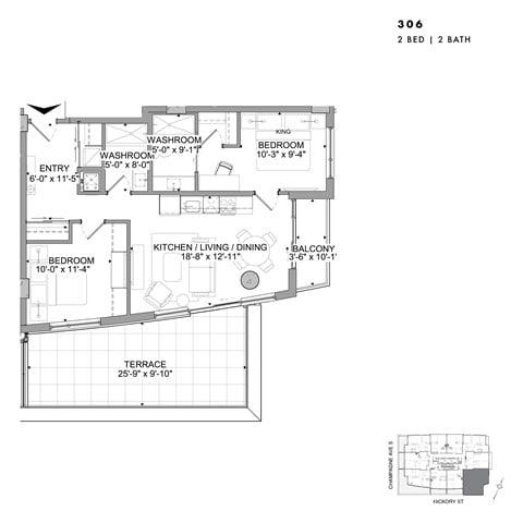 Floor plan for 2 beds, 2 baths