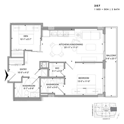 Floor plan for 1 bed, 2 baths