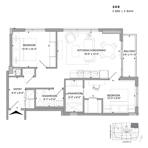 Floor plan for 2 beds, 2 baths, 879 sqft