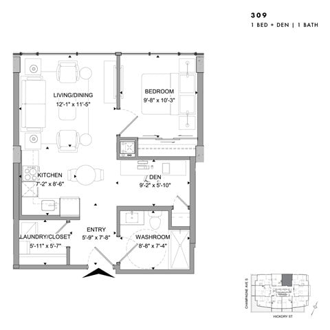 Floor plan for 1 bed, 1 bath