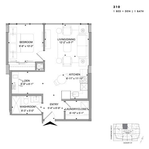 Floor plan for 1 bed, 1 bath