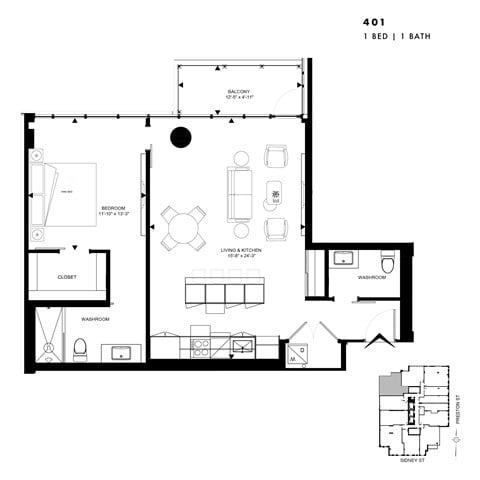 Floor plan for 1 bed, 2 baths, 926 sqft