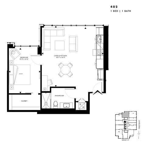 Floor plan for 1 bed, 1 bath, 753 sqft