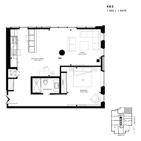 Floor plan for 1 bed, 1 bath, 922 sqft
