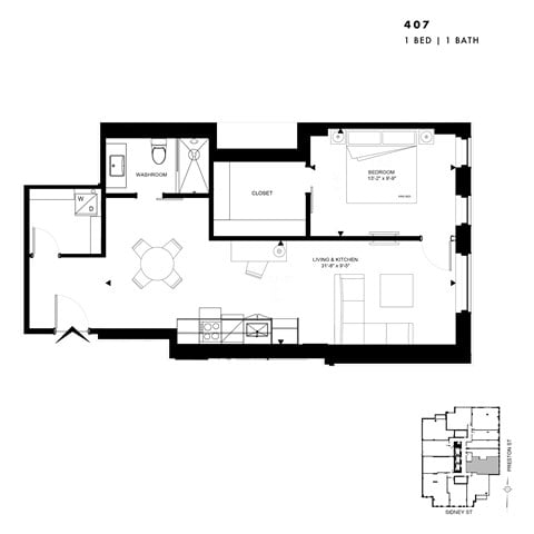 Floor plan for 1 bed, 1 bath, 779 sqft