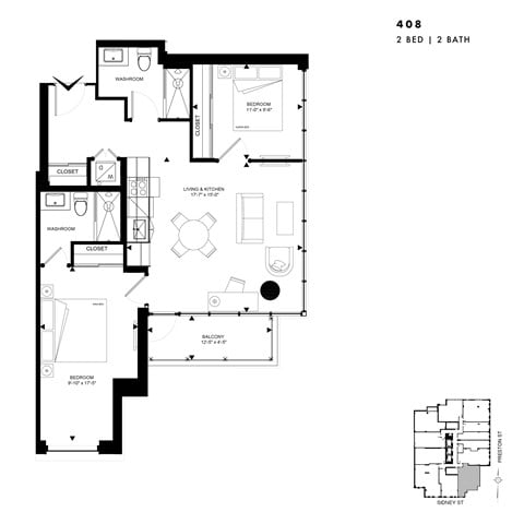 Floor plan for 2 beds, 2 baths, 889 sqft