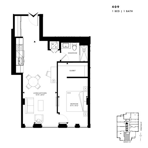 Floor plan for 1 bed, 1 bath, 674 sqft