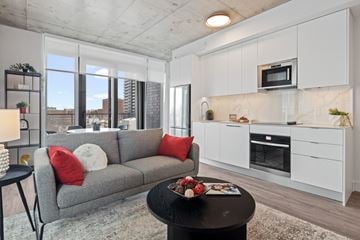 Ottawa apartment for rent - A modern living room with a grey couch and a black coffee table.