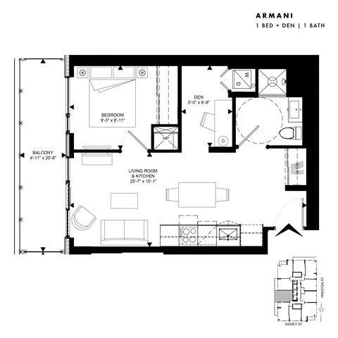Floor plan for 1 bed, 1 bath, 542 sqft