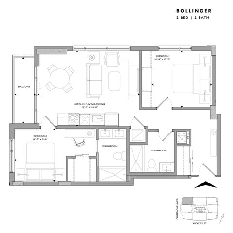 Floor plan for 2 beds, 2 baths, 838 sqft