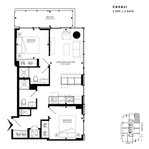 Floor plan for 2 beds, 2 baths, 676 sqft