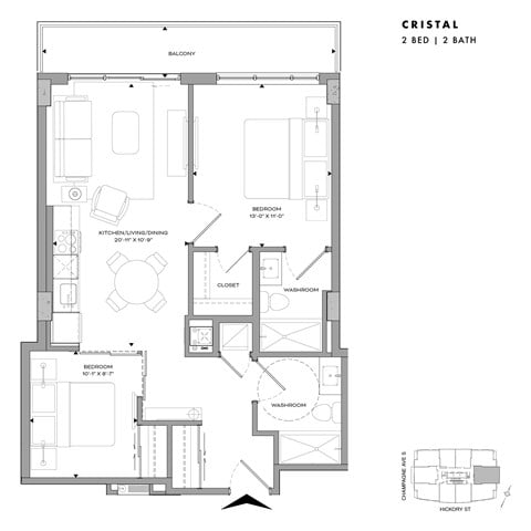 Floor plan for 2 beds, 2 baths, 803 sqft