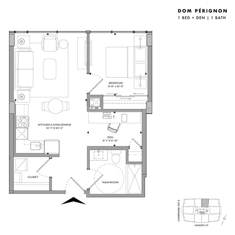 Floor plan for 1 bed, 1 bath, 614 sqft