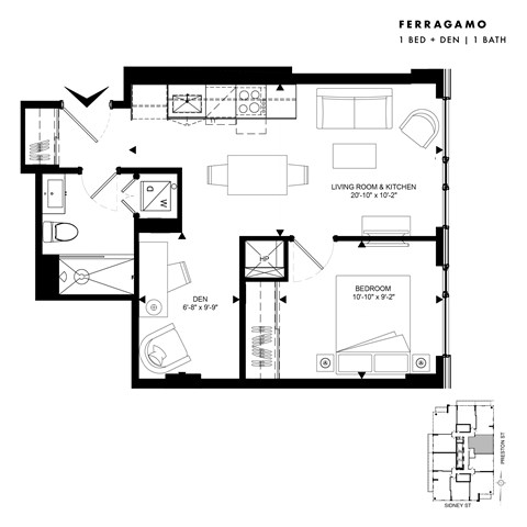 Floor plan for 1 bed, 1 bath, 535 sqft