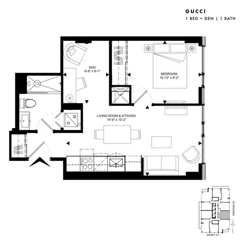 Floor plan for 1 bed, 1 bath, 527 sqft