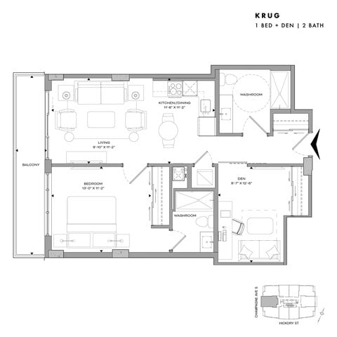 Floor plan for 1 bed, 2 baths, 822 sqft