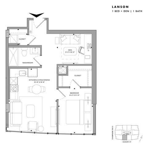 Floor plan for 1 bed, 1 bath, 652 sqft
