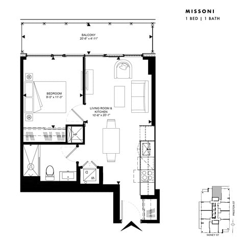 Floor plan for 1 bed, 1 bath, 500 sqft