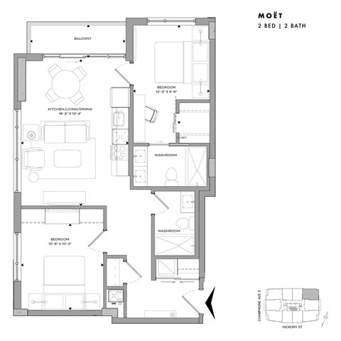 Floor plan for 2 beds, 2 baths, 838 sqft