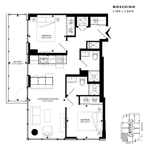 Floor plan for 2 beds, 2 baths, 675 sqft