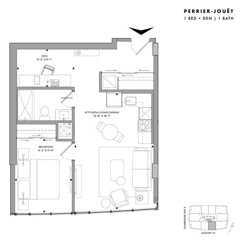 Floor plan for 1 bed, 1 bath, 635 sqft
