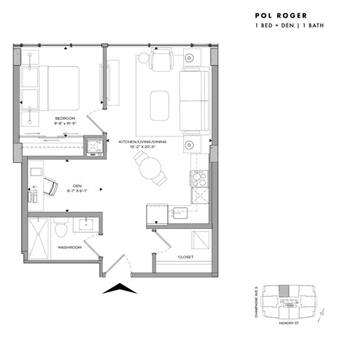 Floor plan for 1 bed, 1 bath, 614 sqft