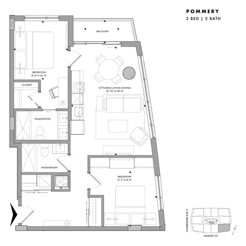 Floor plan for 2 beds, 2 baths, 822 sqft