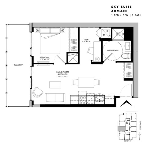 Floor plan for 1 bed, 1 bath, 542 sqft
