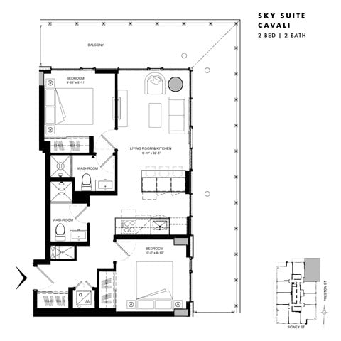 Floor plan for 2 beds, 2 baths, 676 sqft