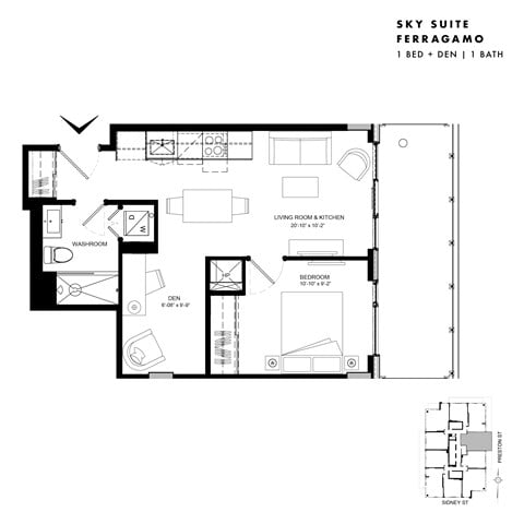 Floor plan for 1 bed, 1 bath, 535 sqft
