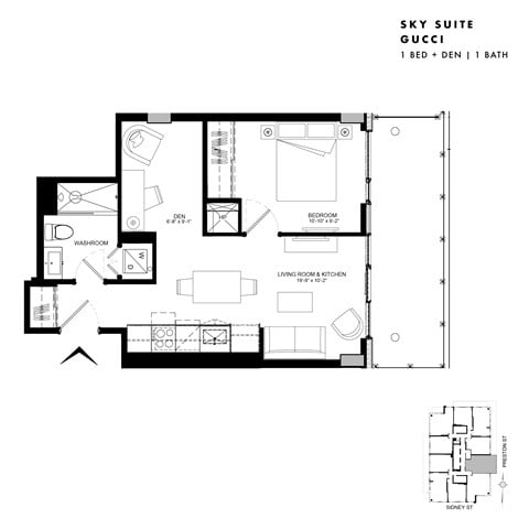 Floor plan for 1 bed, 1 bath, 527 sqft