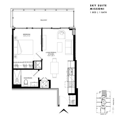 Floor plan for 1 bed, 1 bath, 500 sqft