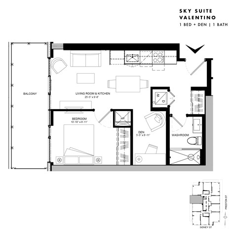 Floor plan for 1 bed, 1 bath, 544 sqft