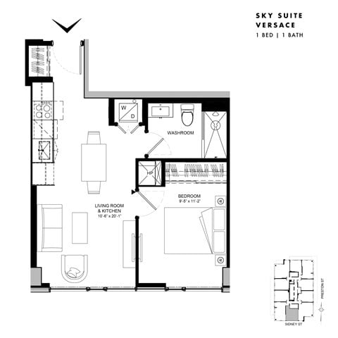 Floor plan for 1 bed, 1 bath, 500 sqft